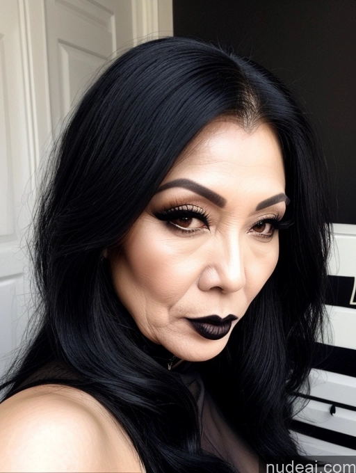 ai nude image of a close up of a woman with black lipstick and a black dress pics of Milf Beautiful Long Hair Pouting Lips Sexy Face 50s Asian White Hair Goth