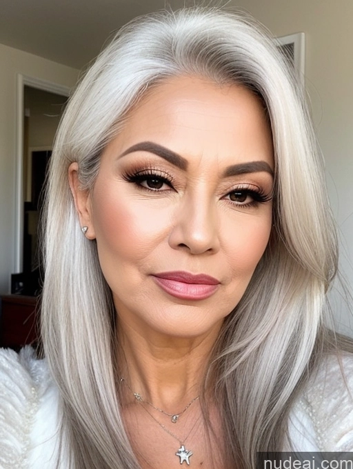 ai nude image of a woman with long gray hair and a white sweater pics of Milf Beautiful Long Hair Pouting Lips Sexy Face 50s Asian White Hair Angel