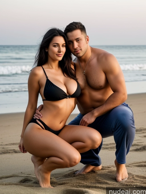 ai nude image of arafed man and woman in bikinis on the beach posing for a picture pics of Perfect Boobs Beautiful Long Legs Chubby Big Ass 30s Sexy Face Black Hair Long Hair Beach Front View Stylish Cleavage Dark Lighting Simple Pajamas Jeans Crop Top Seductive Squatting Woman + Man Two