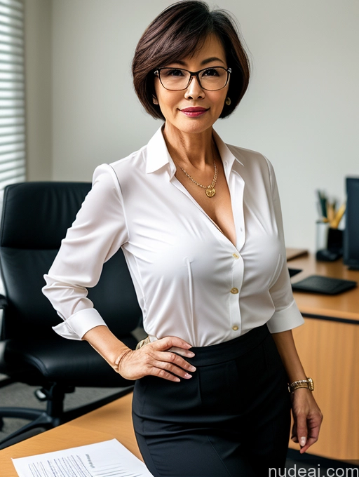 ai nude image of there is a woman in a white shirt and black skirt posing for a picture pics of Milf Perfect Boobs Beautiful Glasses Perfect Body Short Hair 60s Chinese Office Blouse Casual Professor Stylish Suit Cleavage Dark Lighting Detailed Sexy Face