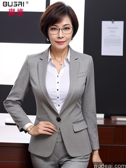 ai nude image of woman in a gray suit and glasses standing in front of a desk pics of Milf Perfect Boobs Beautiful Glasses Perfect Body Short Hair 60s Chinese Office Blouse Casual Professor Stylish Suit Cleavage Dark Lighting Detailed Sexy Face