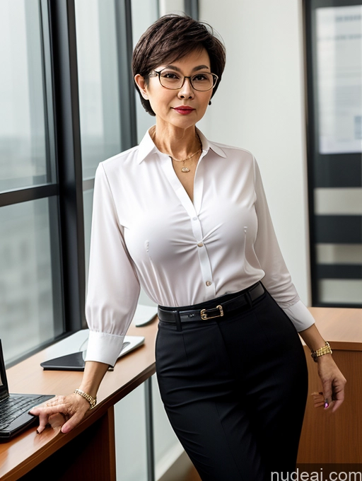 ai nude image of woman in white shirt and black skirt standing in front of a laptop pics of Milf Perfect Boobs Beautiful Glasses Perfect Body Short Hair 60s Chinese Office Blouse Casual Professor Stylish Suit Cleavage Dark Lighting Detailed Sexy Face