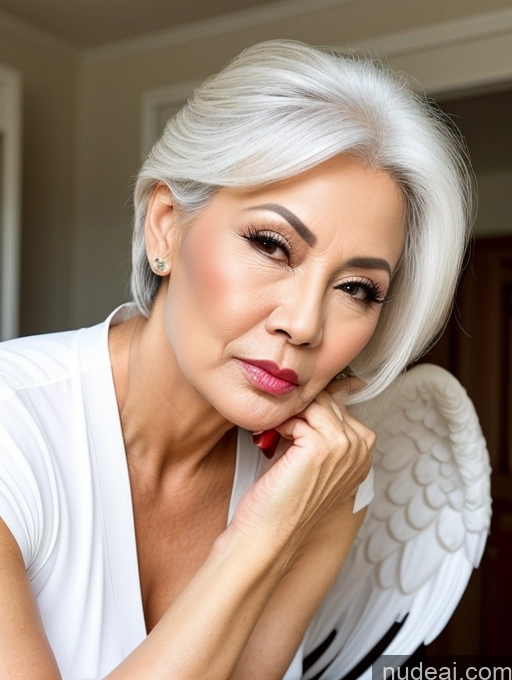 ai nude image of blond woman with angel wings posing for a picture in a white shirt pics of Milf Beautiful Pouting Lips Sexy Face Asian White Hair Angel 60s Hair Bun