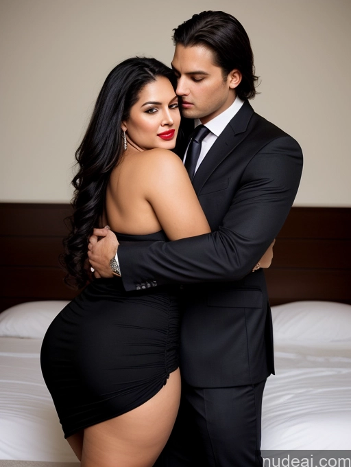 ai nude image of there is a man and woman hugging on a bed together pics of Woman + Man Two Perfect Boobs Beautiful Lipstick Big Ass Chubby 30s Seductive Sexy Face Black Hair Long Hair Indian Bedroom Front View Straddling Dress Stylish Cleavage Dark Lighting Simple Suit