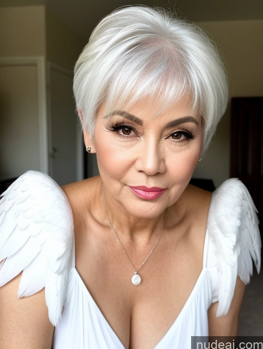 ai nude image of arafed woman with white hair and angel wings posing for a picture pics of Milf Beautiful Pouting Lips Sexy Face Asian White Hair Angel 60s Pixie