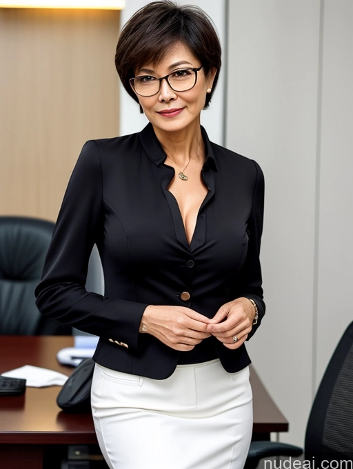 ai nude image of there is a woman in a black shirt and white skirt posing for a picture pics of Milf Perfect Boobs Beautiful Glasses Perfect Body Short Hair 60s Chinese Office Blouse Casual Professor Stylish Suit Cleavage Dark Lighting Detailed Sexy Face