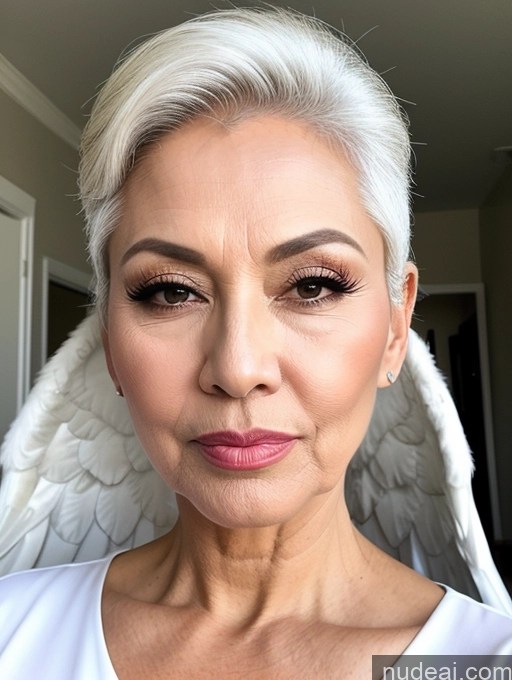 ai nude image of blond woman with angel wings on her head and a white shirt pics of Milf Beautiful Pouting Lips Sexy Face Asian White Hair Angel 60s Slicked