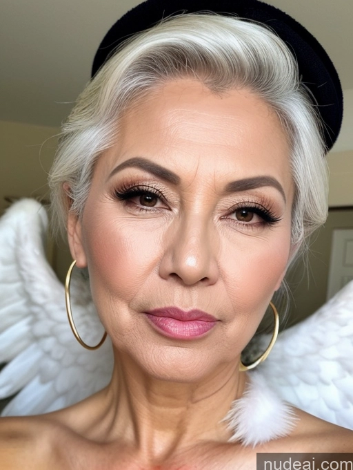 ai nude image of blond woman with angel wings and a black hat on her head pics of Milf Beautiful Pouting Lips Sexy Face Asian White Hair Angel 60s Hair Bun