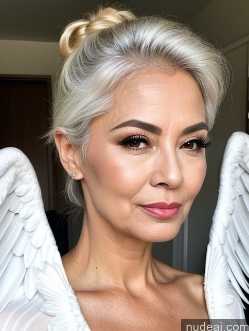 ai nude image of blond woman with angel wings on her head and a white dress pics of Milf Beautiful Pouting Lips Sexy Face Asian White Hair Angel 60s Hair Bun