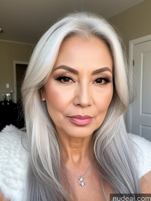 ai nude image of a close up of a woman with long gray hair and a white fur coat pics of Milf Beautiful Pouting Lips Sexy Face Asian White Hair Angel 60s Long Hair