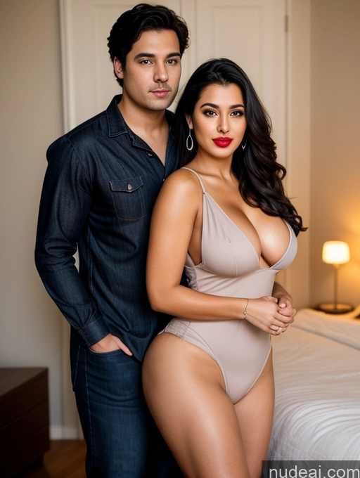 ai nude image of they are posing for a picture in a bedroom with a bed pics of Woman + Man Two Perfect Boobs Beautiful Lipstick Big Ass Chubby 30s Seductive Sexy Face Black Hair Long Hair Indian Bedroom Front View Dress Stylish Cleavage Dark Lighting Simple Shirt Jeans Jumpsuit