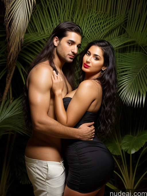 ai nude image of araffes a man and a woman posing for a picture in front of a palm tree pics of Woman + Man One Perfect Boobs Beautiful Lipstick Big Ass Chubby Long Legs Perfect Body 30s Seductive Sexy Face Black Hair Long Hair Indian Jungle Front View Dress Dark Lighting Simple