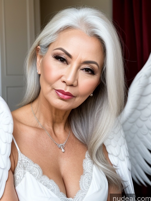 ai nude image of there is a woman with white hair and angel wings on her chest pics of Milf Beautiful Pouting Lips Sexy Face Asian White Hair Angel 60s Long Hair