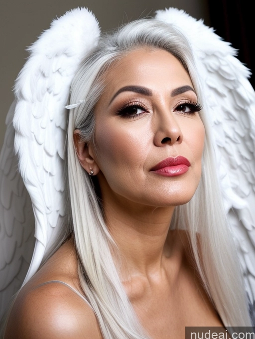 ai nude image of blond woman with angel wings and makeup posing for a picture pics of Milf Beautiful Pouting Lips Sexy Face Asian White Hair Angel 60s Long Hair Cumshot