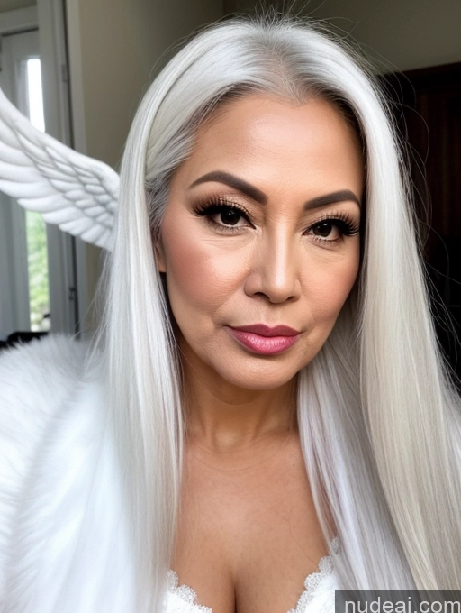 ai nude image of a close up of a woman with white hair and angel wings pics of Milf Beautiful Pouting Lips Sexy Face Asian White Hair Angel Long Hair 40s