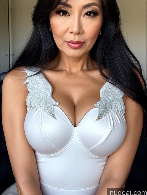 ai nude image of arafed woman in a white dress with wings on her chest pics of Milf Beautiful Pouting Lips Sexy Face Asian Angel Long Hair 50s Black Hair