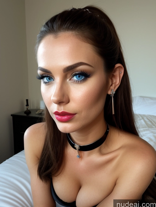 ai nude image of arafed woman with blue eyes and a choke on her neck pics of One Perfect Boobs Beautiful Lipstick Perfect Body 30s Shocked Brunette Ponytail Bedroom Front View Wedding Choker Detailed Deep Blue Eyes Pouting Lips 3d Cleavage Muscular Busty French Jewelry Cyborg