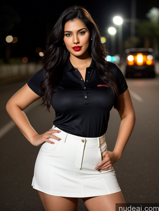 ai nude image of arafed woman in a black shirt and white skirt posing for a picture pics of Woman One Perfect Boobs Beautiful Lipstick Big Ass Chubby Long Legs Perfect Body 30s Seductive Black Hair Long Hair Indian Street Front View Long Skirt Polo Shirt Stylish Dark Lighting Simple