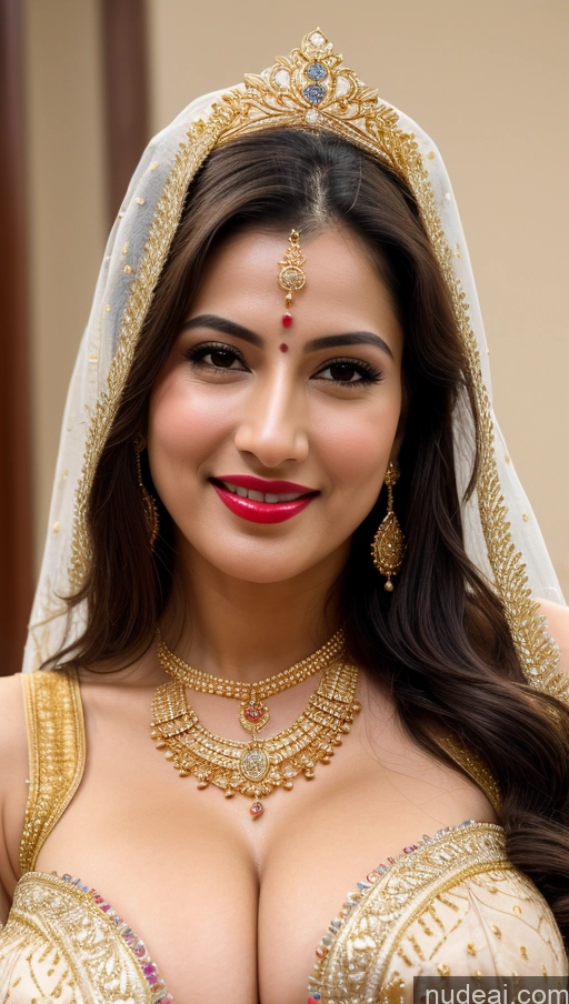 ai nude image of araffe woman in a gold and red outfit with a veil pics of Woman Huge Boobs Beautiful Lipstick Fairer Skin Busty 50s Happy Sexy Face Seductive Black Hair Skin Detail (beta) Cleavage Gold Jewelry Jewelry Bright Lighting Simple Wedding Traditional Indian