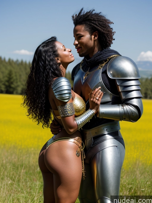 ai nude image of there is a man and woman dressed in armor standing in a field pics of Tattoos Huge Boobs Curly Hair Blowjob Gold Jewelry Woman + Man Small Ass Short Two Dark Skin Black Hair Black Fantasy Armor High Heels Leather Muscular 20s Meadow Laughing Push-up Bra Sci-fi Armor