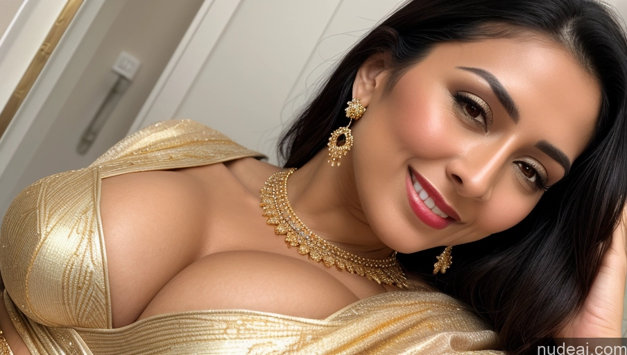 ai nude image of araffe woman in a gold dress posing for a picture pics of Woman Busty Huge Boobs Beautiful Lipstick Fairer Skin 50s Happy Seductive Black Hair Indian Skin Detail (beta) Traditional Wedding Gold Jewelry Jewelry Bright Lighting Simple Sexy Face Close-up View Transparent