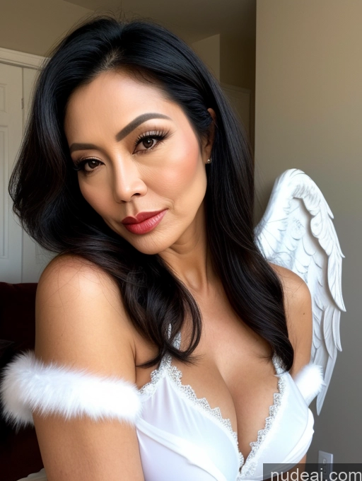 ai nude image of araffed woman in white lingerie with angel wings on her chest pics of Milf Beautiful Pouting Lips Sexy Face Asian Angel Long Hair Black Hair 60s