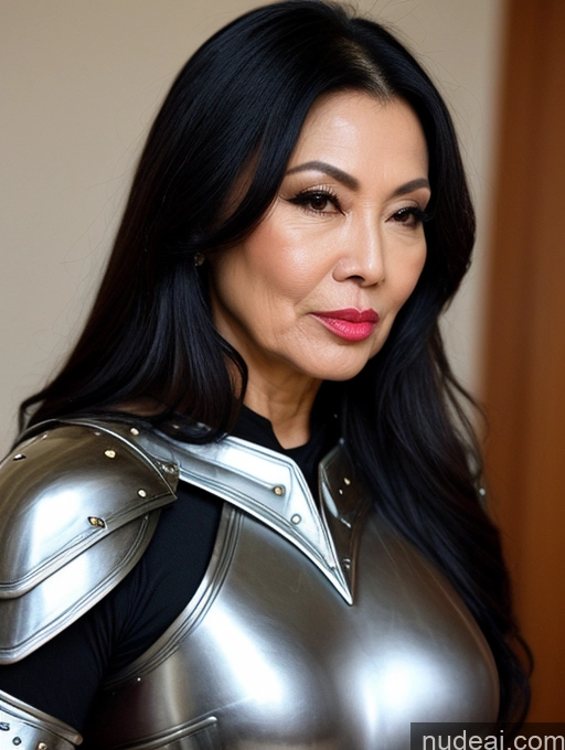 ai nude image of there is a woman in a silver armor posing for a picture pics of Milf Beautiful Pouting Lips Sexy Face Asian Long Hair Black Hair 60s Fantasy Armor