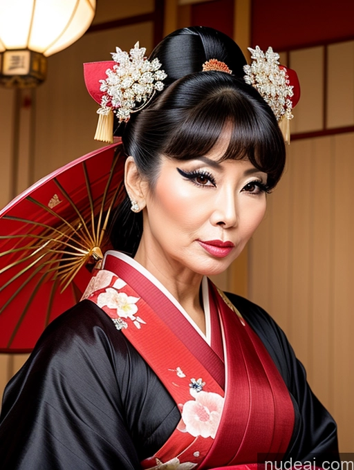 ai nude image of there is a woman in a kimono with a red umbrella pics of Milf Beautiful Pouting Lips Sexy Face Asian Long Hair Black Hair 60s Geisha