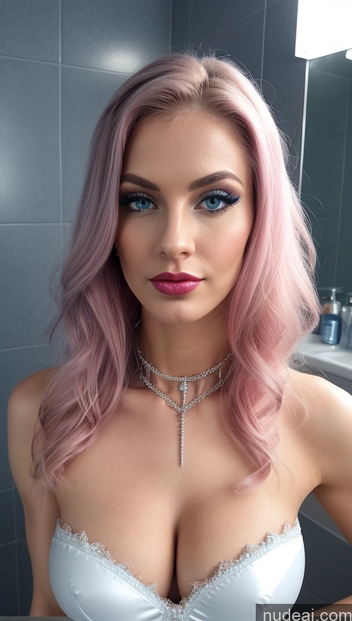 ai nude image of arafed woman with pink hair and a choke in a bathroom pics of Busty Perfect Boobs Beautiful Lipstick Muscular Skinny Perfect Body Pouting Lips Bathroom Choker Victorian Wedding Diamond Jewelry Bright Lighting Detailed Deep Blue Eyes Front Facing Full Body 20s 3d Fairer Skin British Pink Hair Cyborg