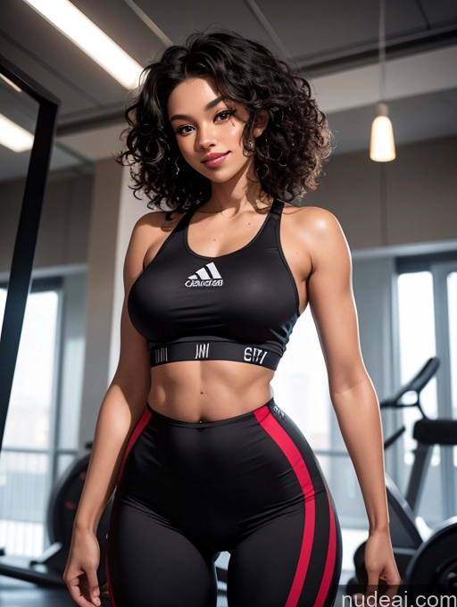 ai nude image of arafed woman in a black sports bra top and red striped shorts pics of One Beautiful Big Ass Perfect Body Dark Skin 18 Happy Curly Hair Tanned Skin Gym Crop Top Italian Model Thick Long Legs Black Hair Spandex Small Tits