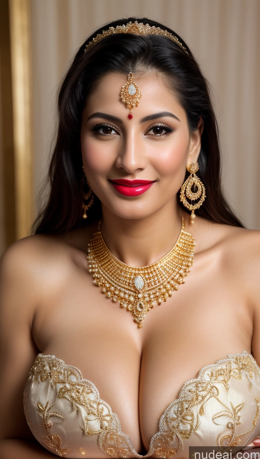 ai nude image of araffed woman in a gold bra top with a necklace and earrings pics of Woman Huge Boobs Beautiful Lipstick Fairer Skin Busty 50s Happy Sexy Face Seductive Black Hair Skin Detail (beta) Cleavage Gold Jewelry Jewelry Bright Lighting Simple Wedding Traditional Indian