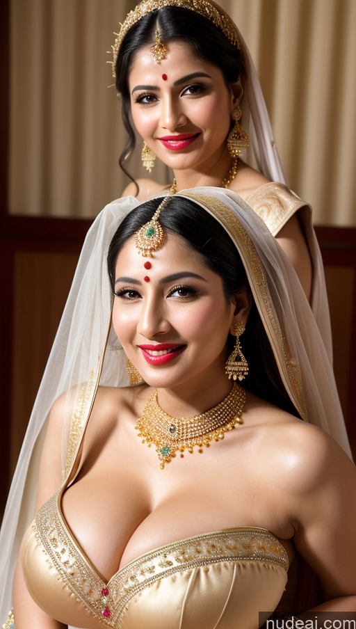 ai nude image of brides posing for a picture in their wedding attire pics of Woman Huge Boobs Beautiful Lipstick Fairer Skin Busty 50s Happy Sexy Face Seductive Black Hair Skin Detail (beta) Cleavage Gold Jewelry Jewelry Bright Lighting Simple Wedding Traditional Indian