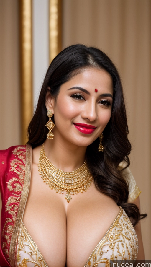 ai nude image of araffed woman in a red and gold sari posing for a picture pics of Woman Huge Boobs Beautiful Lipstick Fairer Skin Busty 50s Happy Sexy Face Seductive Black Hair Skin Detail (beta) Cleavage Gold Jewelry Jewelry Bright Lighting Wedding Traditional Indian