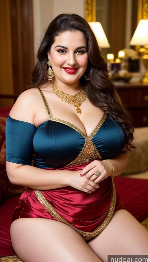 ai nude image of araffe woman in a blue and red dress posing on a bed pics of Milf Busty Beautiful Lipstick Thick Chubby Big Hips Fat Fairer Skin 20s Happy Seductive Brunette Long Hair Russian Party Front View Straddling Sari Blouse Dirndl Victorian Cleavage Gold Jewelry