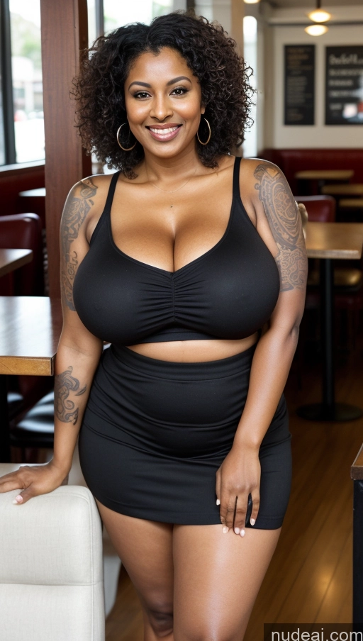 ai nude image of there is a woman in a black dress posing for a picture pics of Milf Busty Huge Boobs Big Ass Tattoos Thick Big Hips Tall Dark Skin Beautiful 50s Black Hair Indian Detailed T-pose Sexy Face Happy Front View Crop Top Cafe Curly Hair Long Skirt