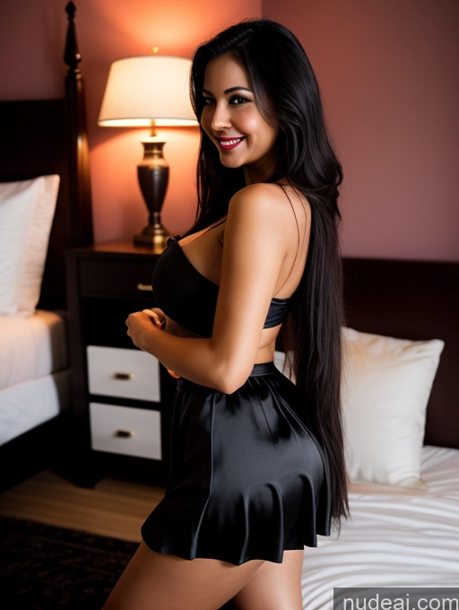 ai nude image of araffe woman in a black dress posing in a hotel room pics of Woman One Perfect Boobs Busty Beautiful Lipstick Big Ass Perfect Body Long Legs 30s Happy Black Hair Long Hair Indian Dark Fantasy Bedroom Front View Long Skirt Stylish Dark Lighting Simple Sexy Face Dress