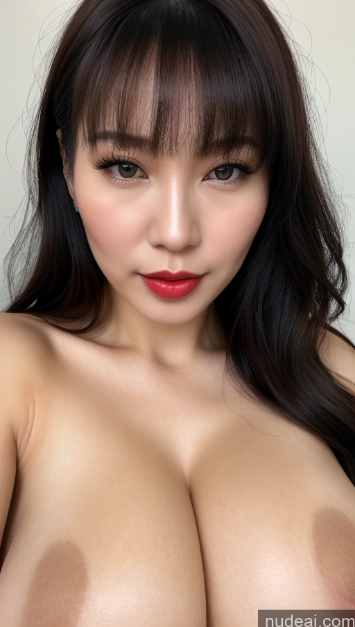 ai nude image of a close up of a woman with a big breast posing for a picture pics of Woman One Huge Boobs Beautiful Lipstick Fairer Skin Black Hair Close-up View 30s Bangs Vietnamese Simple Detailed