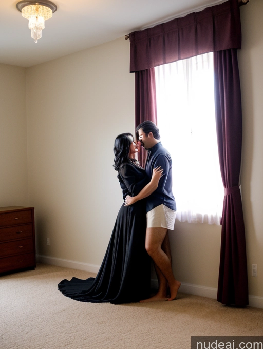 ai nude image of they are in a bedroom with a window and a bed pics of Woman + Man Several Perfect Boobs Beautiful Lipstick Big Ass Chubby Long Legs 30s Seductive Black Hair Indian Bedroom Front View On Back Long Skirt Shirt Dark Lighting Simple