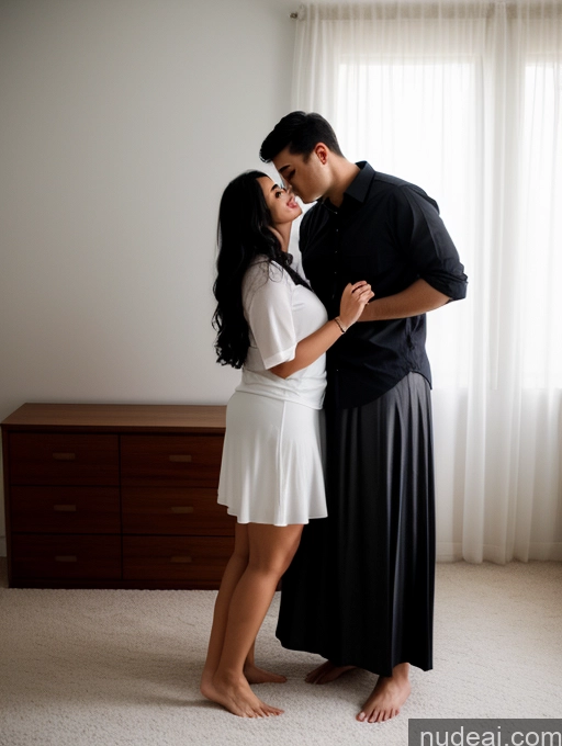 ai nude image of there is a man and woman standing together in a room pics of Woman + Man Several Perfect Boobs Beautiful Lipstick Big Ass Chubby Long Legs 30s Seductive Black Hair Indian Bedroom Front View On Back Long Skirt Shirt Dark Lighting Simple