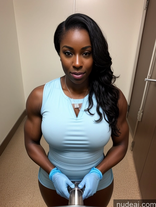 ai nude image of there is a woman in a blue shirt and blue gloves holding a pan pics of Bodybuilder Muscular Thick Big Hips Tall Dark Skin Oiled Body Black Hair Messy Detailed Skin Detail (beta) Beautiful Big Ass African 40s Hospital Nurse Gloves Cumshot Shocked