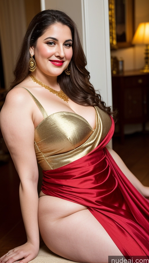 ai nude image of araffe woman in a red and gold dress posing for a picture pics of Milf Busty Beautiful Lipstick Thick Chubby Fat Big Hips Fairer Skin 20s Happy Seductive Brunette Long Hair Russian Party Front View Straddling Sari Blouse Dirndl Victorian Cleavage Gold Jewelry