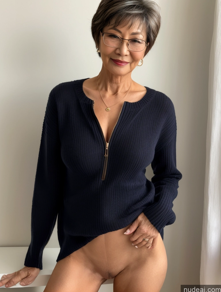 ai nude image of arafed woman in a blue sweater and glasses posing naked pics of Milf Perfect Boobs Perfect Body Pubic Hair Beautiful Glasses Sexy Face Short Hair Chinese Casual Blouse Sweater Stylish Professor Topless Dark Lighting Detailed Nude 70s