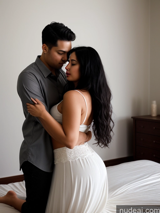 ai nude image of they are a couple in a bedroom embracing each other pics of Woman + Man Several Perfect Boobs Beautiful Lipstick Big Ass Chubby Long Legs 30s Seductive Black Hair Indian Bedroom Front View On Back Long Skirt Shirt Dark Lighting Simple