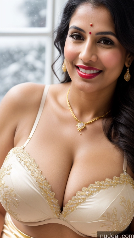 ai nude image of araffe woman in a bra top posing for a picture pics of Woman Busty Huge Boobs Beautiful Lipstick Big Ass Fairer Skin 50s Happy Seductive Sexy Face Black Hair Indian Skin Detail (beta) Snow Sari Wedding Jewelry Gold Jewelry Bright Lighting Push-up Bra Close-up View