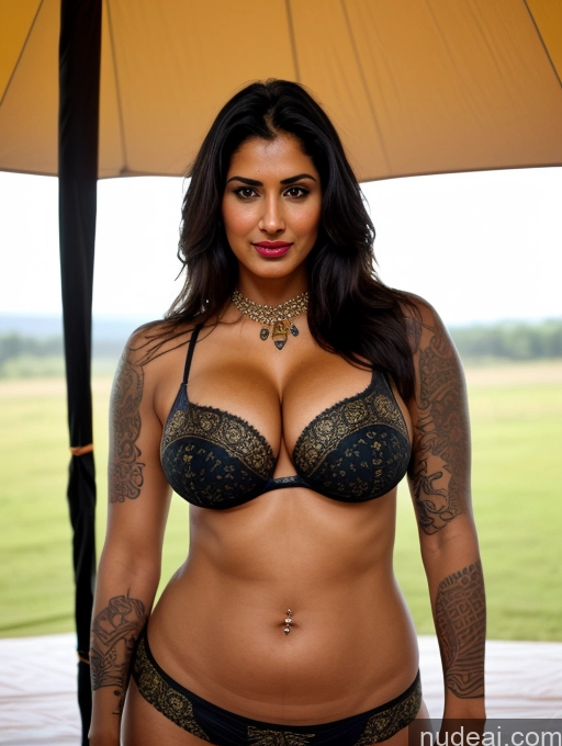 ai nude image of sexy woman with tattoos and a bra top posing under an umbrella pics of Milf Busty Pubic Hair Tanned Skin Black Hair Indian Tent Sari Traditional One Abs Lipstick Tattoos Thick Tall Big Hips Sexy Face Orgasm 20s Cumshot