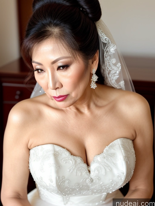 ai nude image of bride in white wedding dress with veil and earrings sitting on a chair pics of Milf Beautiful Hair Bun Pouting Lips Sexy Face 60s Asian Wedding