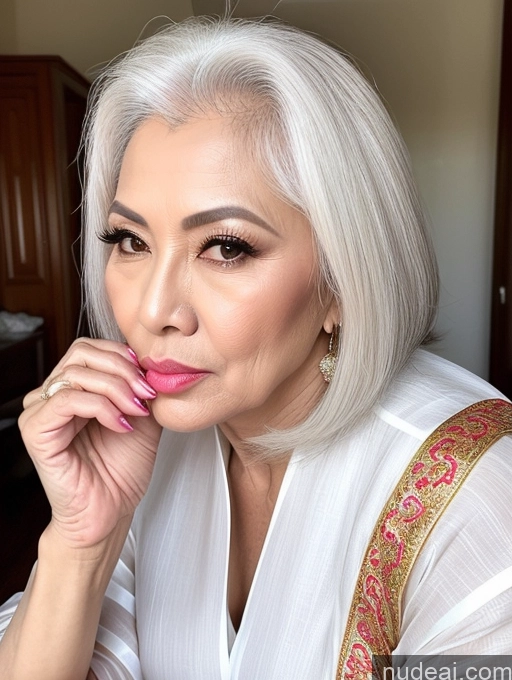 ai nude image of araffe woman with white hair and pink lipstick posing for a picture pics of Milf Beautiful Pouting Lips Sexy Face 60s Asian White Hair Long Hair Traditional