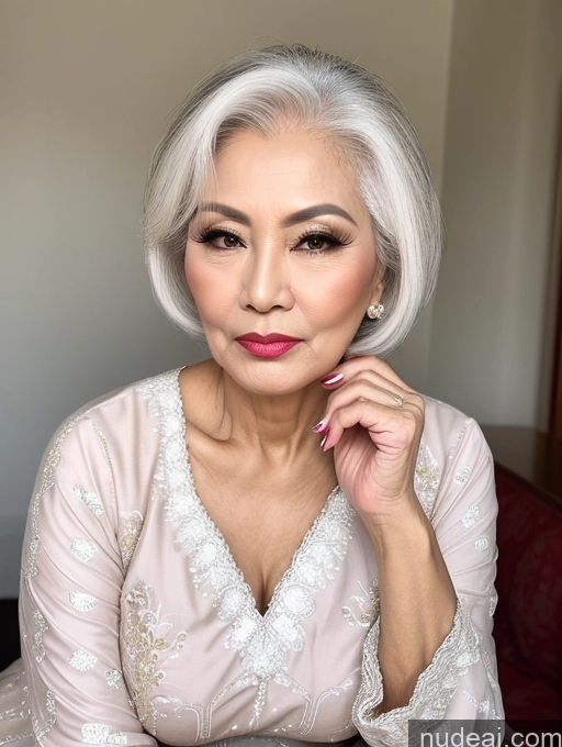 ai nude image of arafed woman with white hair and pink lipstick posing for a picture pics of Milf Beautiful Pouting Lips Sexy Face 60s Asian White Hair Long Hair Traditional