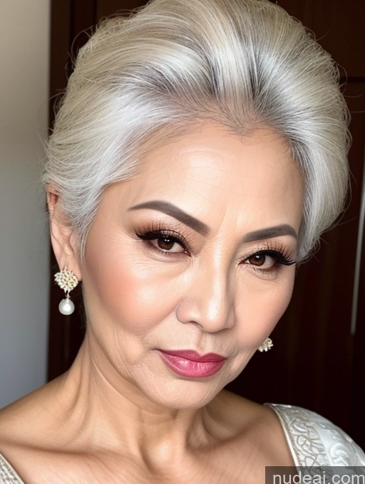 ai nude image of a close up of a woman with a white dress and earrings pics of Milf Beautiful Pouting Lips Sexy Face 60s Asian White Hair Traditional Hair Bun