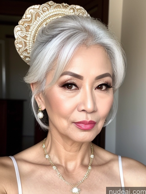 ai nude image of a close up of a woman with a tiara and a necklace pics of Milf Beautiful Pouting Lips Sexy Face 60s Asian White Hair Traditional Hair Bun